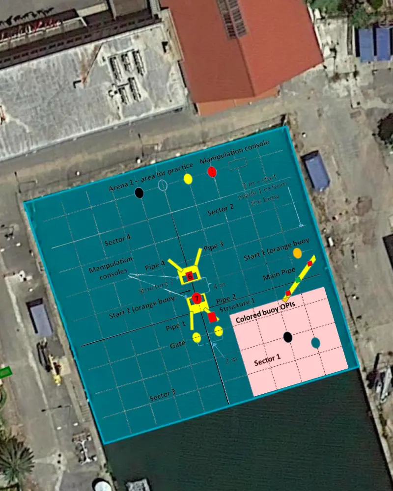 Een satellietbeeld van de marinebasis waar de competitie plaatsvindt, met de verschillende wedstrijdgebieden gemarkeerd.